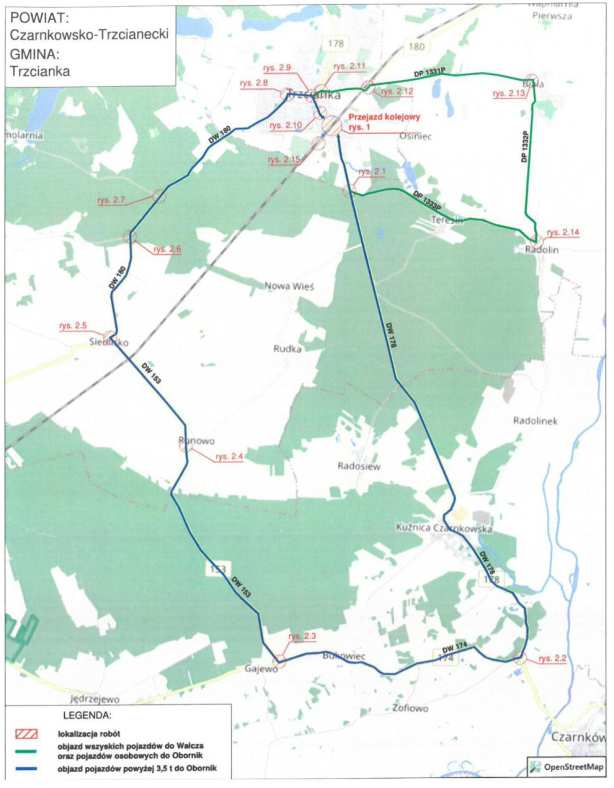 Remont przejazdu kolejowego w Trzciance - Mapa objazdu