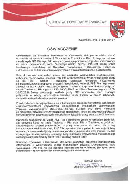 Poniżej publikujemy oświadczenie starosty czarnkowsko-trzcianeckiego w sprawie połączeń autobusowych Piła - Trzcianka - Piła 
